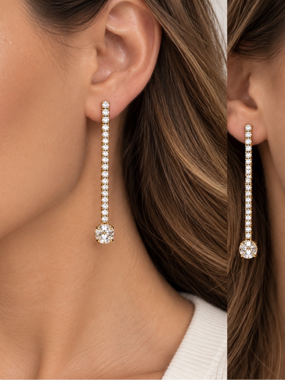 Zara Gold Linear Drop Earrings with Clear Stones